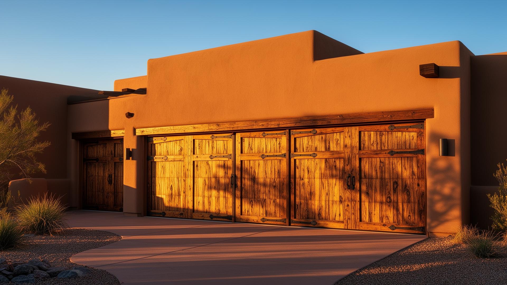 Professional garage door installation on Southwest adobe home with rustic wood grain doors