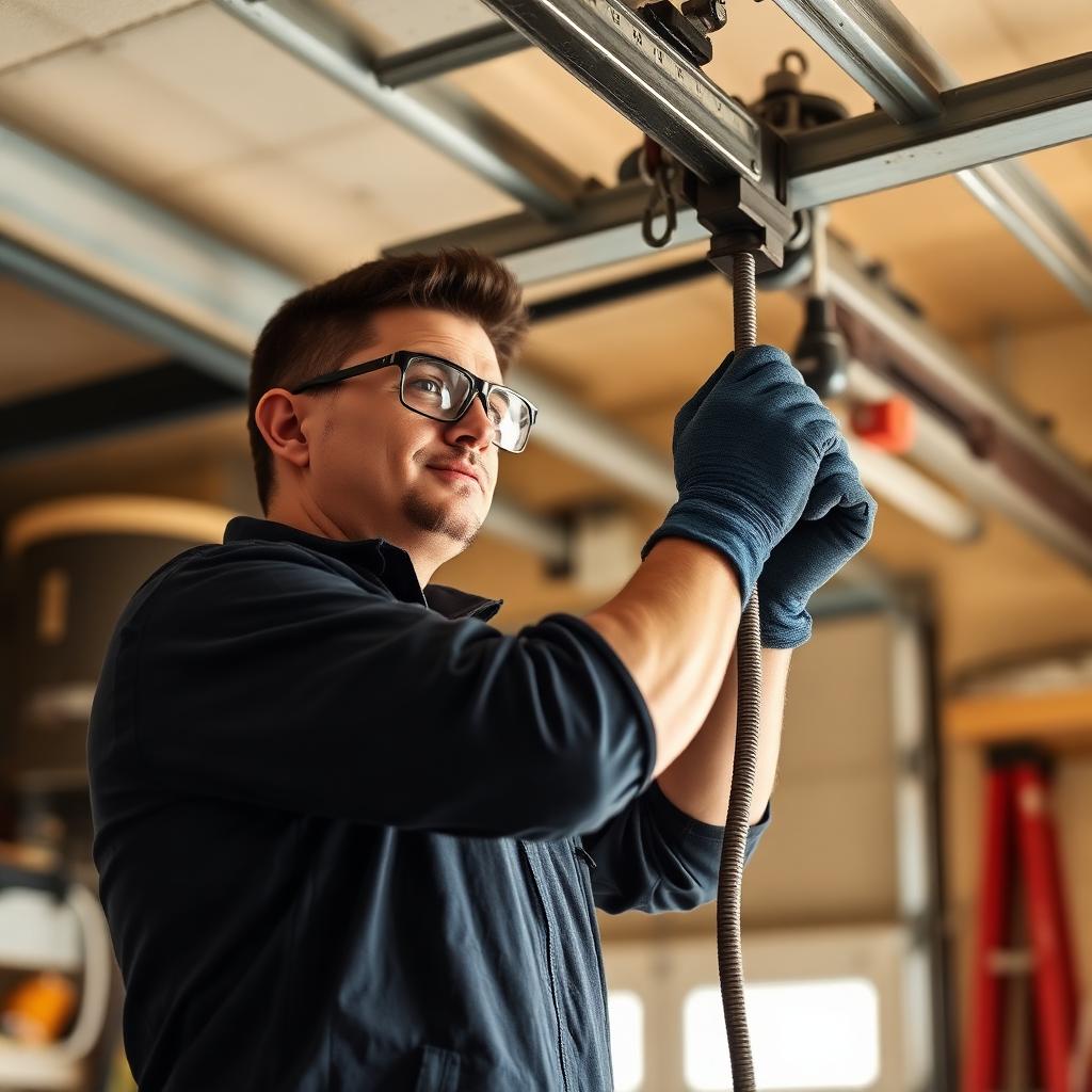 Professional garage door technician performing spring tension adjustment